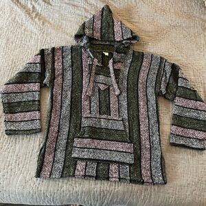 Artesanias Mexico Striped Hooded Baja Hoodie Drug Rug Jacket Sweater Medium Pink